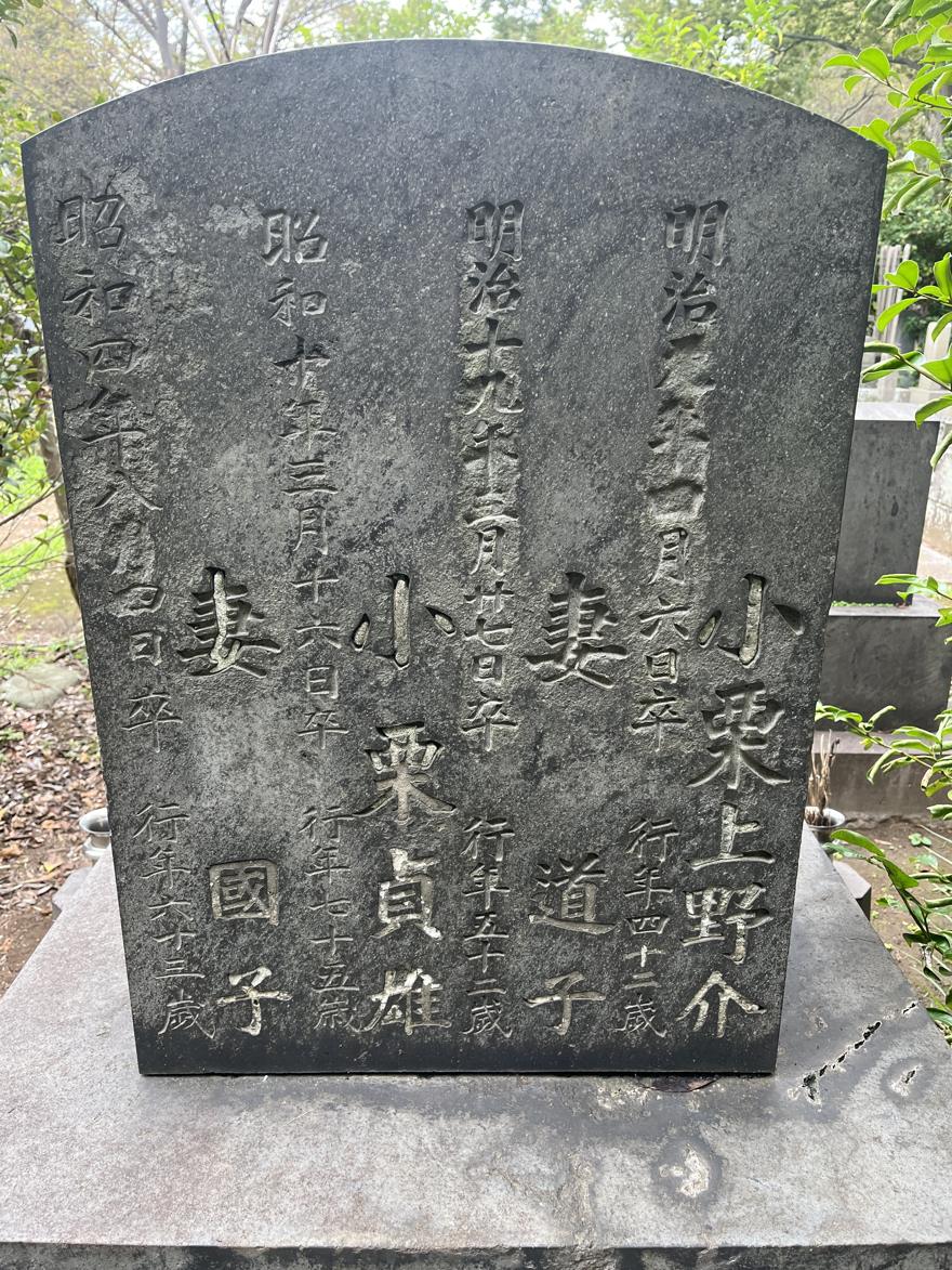 墓石の裏面。小栗上野介、妻道子、小栗貞雄、妻國子の四人の没年月日と行年が刻まれている